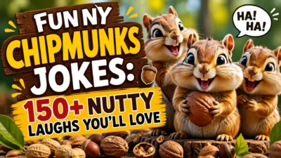 Two adorable laughing chipmunks holding acorns in a sunny forest with the text "Funny Chipmunks Jokes: 150+ Nutty Laughs You'll Love."