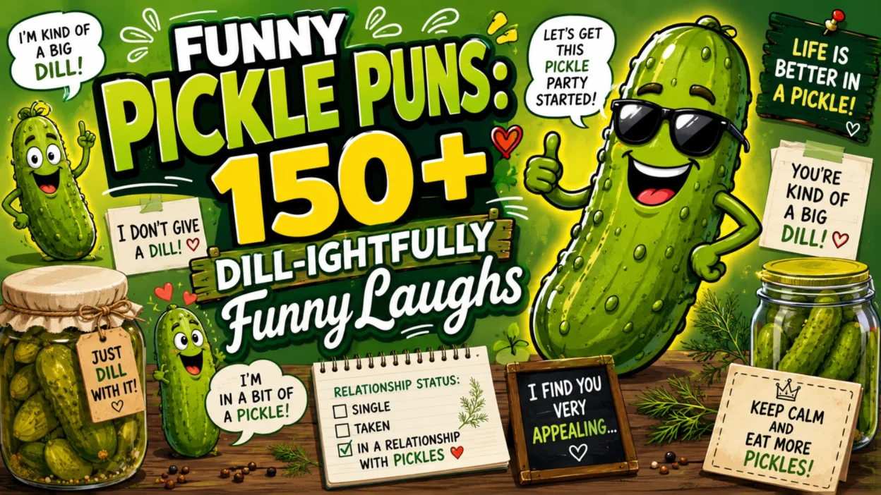 Colorful 1920×1080 banner featuring funny pickle puns with smiling cartoon pickles, pickle jars, dill sprigs, comic speech bubbles, and playful typography in a bright, family-friendly design.