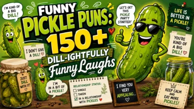 Colorful 1920×1080 banner featuring funny pickle puns with smiling cartoon pickles, pickle jars, dill sprigs, comic speech bubbles, and playful typography in a bright, family-friendly design.