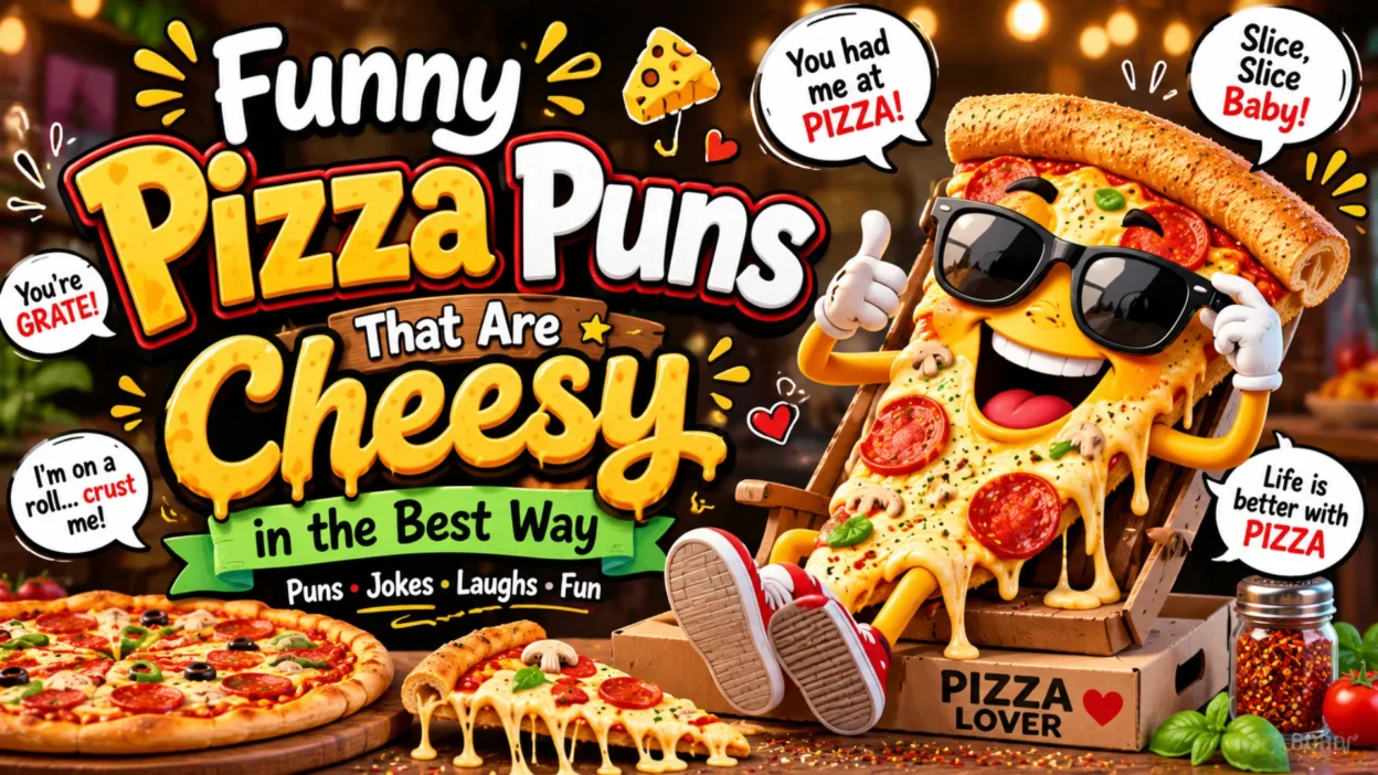 A smiling cartoon pizza slice with gooey melted cheese, pepperoni toppings, and bold text reading "Funny Pizza Puns That Are Cheesy in the Best Way" on a colorful pizzeria-themed background.