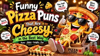 A smiling cartoon pizza slice with gooey melted cheese, pepperoni toppings, and bold text reading "Funny Pizza Puns That Are Cheesy in the Best Way" on a colorful pizzeria-themed background.