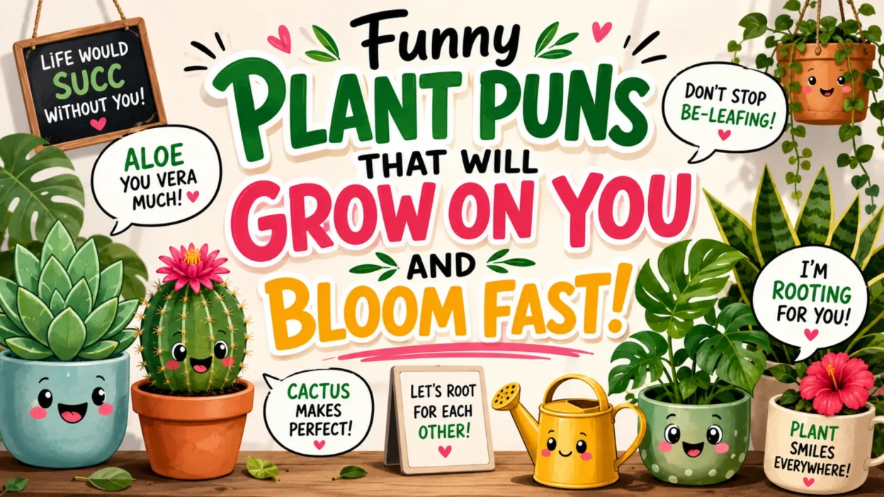 Bright 1200×1200 illustration featuring funny plant puns for birthdays and celebrations with cute potted plants, colorful flowers, balloons, confetti, and cheerful greeting messages.