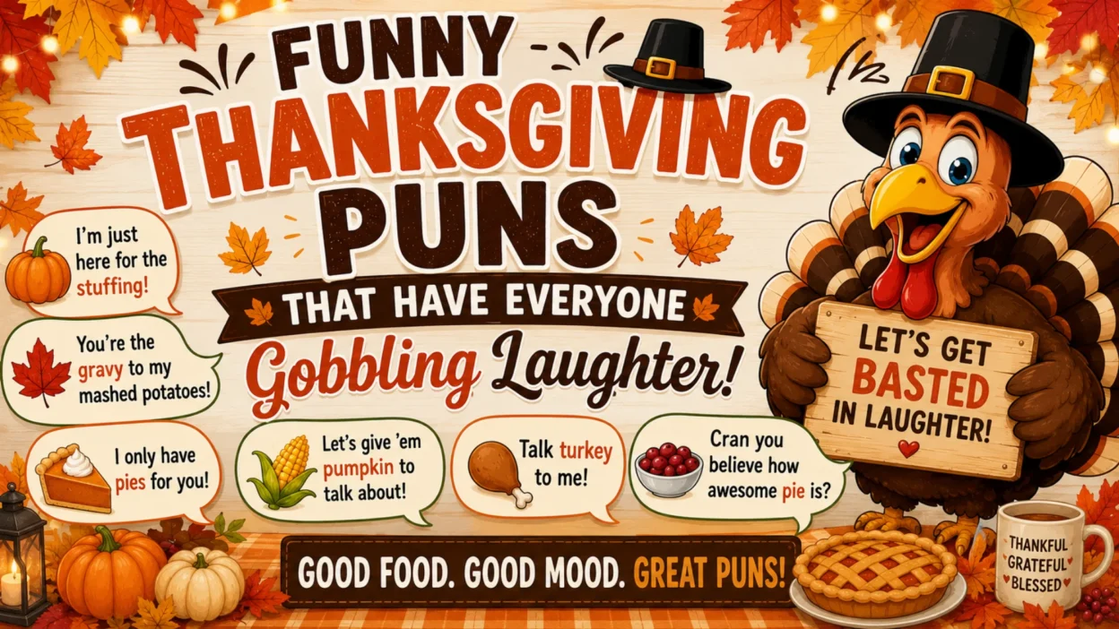 A colorful square illustration featuring a cheerful cartoon turkey surrounded by pumpkins, autumn leaves, pie, and seasonal icons with the heading "Best Thanksgiving Puns for Every Occasion." The design showcases funny Thanksgiving puns for family gatherings, friends, food, work, and celebrations in a festive fall theme.