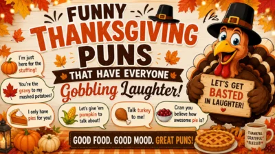 A colorful square illustration featuring a cheerful cartoon turkey surrounded by pumpkins, autumn leaves, pie, and seasonal icons with the heading "Best Thanksgiving Puns for Every Occasion." The design showcases funny Thanksgiving puns for family gatherings, friends, food, work, and celebrations in a festive fall theme.