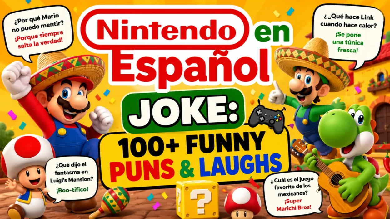 A colorful gaming-themed illustration featuring a cheerful game controller, playful Spanish-inspired elements, and bold text reading "Nintendo in Spanish Joke: 100+ Funny Puns & Laughs."