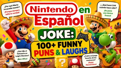 A colorful gaming-themed illustration featuring a cheerful game controller, playful Spanish-inspired elements, and bold text reading "Nintendo in Spanish Joke: 100+ Funny Puns & Laughs."
