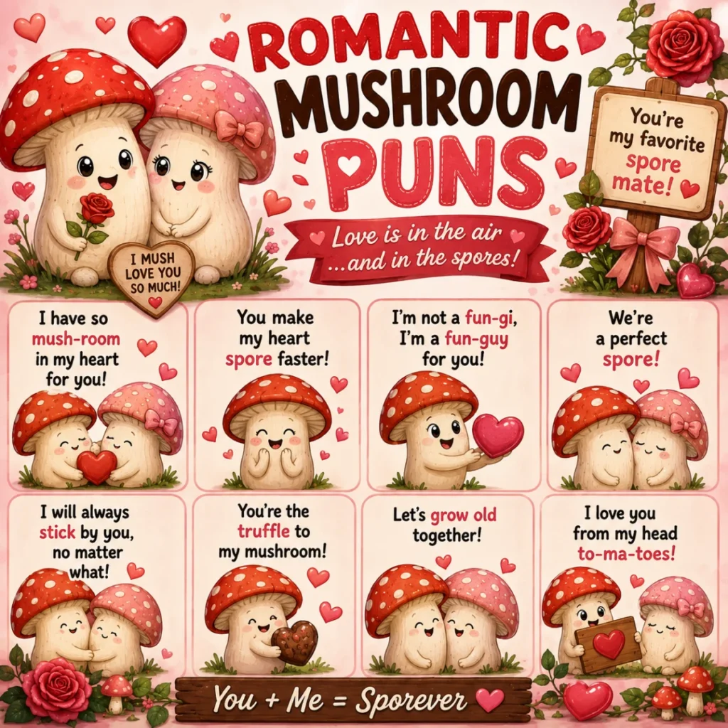 Bright 1200×1200 illustration of the Top 15 Reader Favorite Mushroom Puns featuring adorable cartoon mushrooms, woodland scenery, colorful comic speech bubbles, and fun forest-themed artwork.