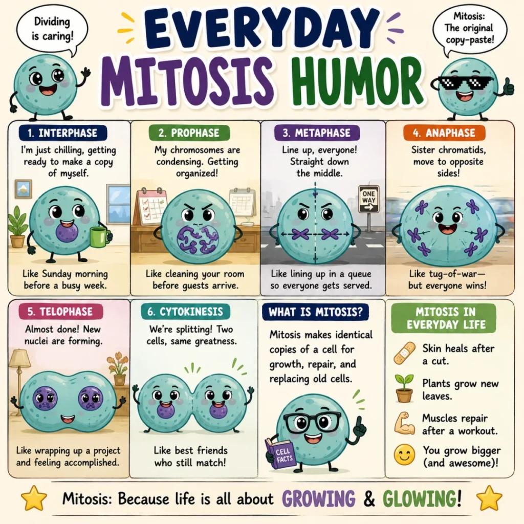 Fun 1920×1080 biology-themed banner with smiling cartoon cells, chromosomes, DNA molecules, microscopes, colorful laboratory equipment, and funny mitosis jokes in a lively educational illustration.