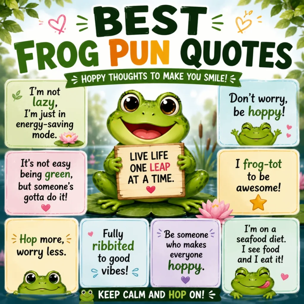 Vibrant 1200×1200 cartoon illustration featuring smiling frogs on lily pads with clever frog wordplay, comic-style speech bubbles, blooming water lilies, dragonflies, and a colorful pond landscape.
