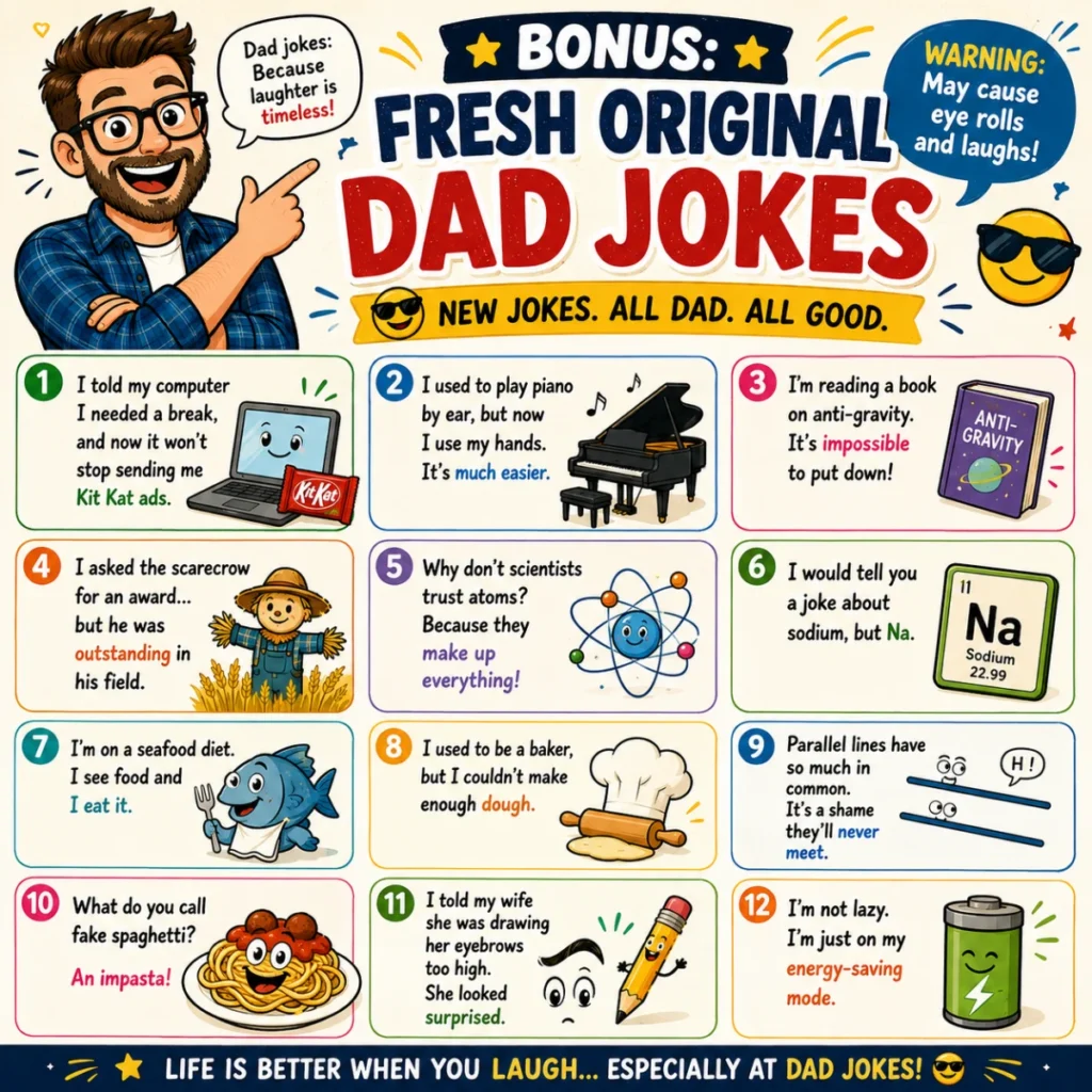 Fun 1200×1200 comic-style illustration featuring the best short one-liner dad jokes with a cheerful cartoon dad, colorful speech bubbles, playful icons, and bold typography.