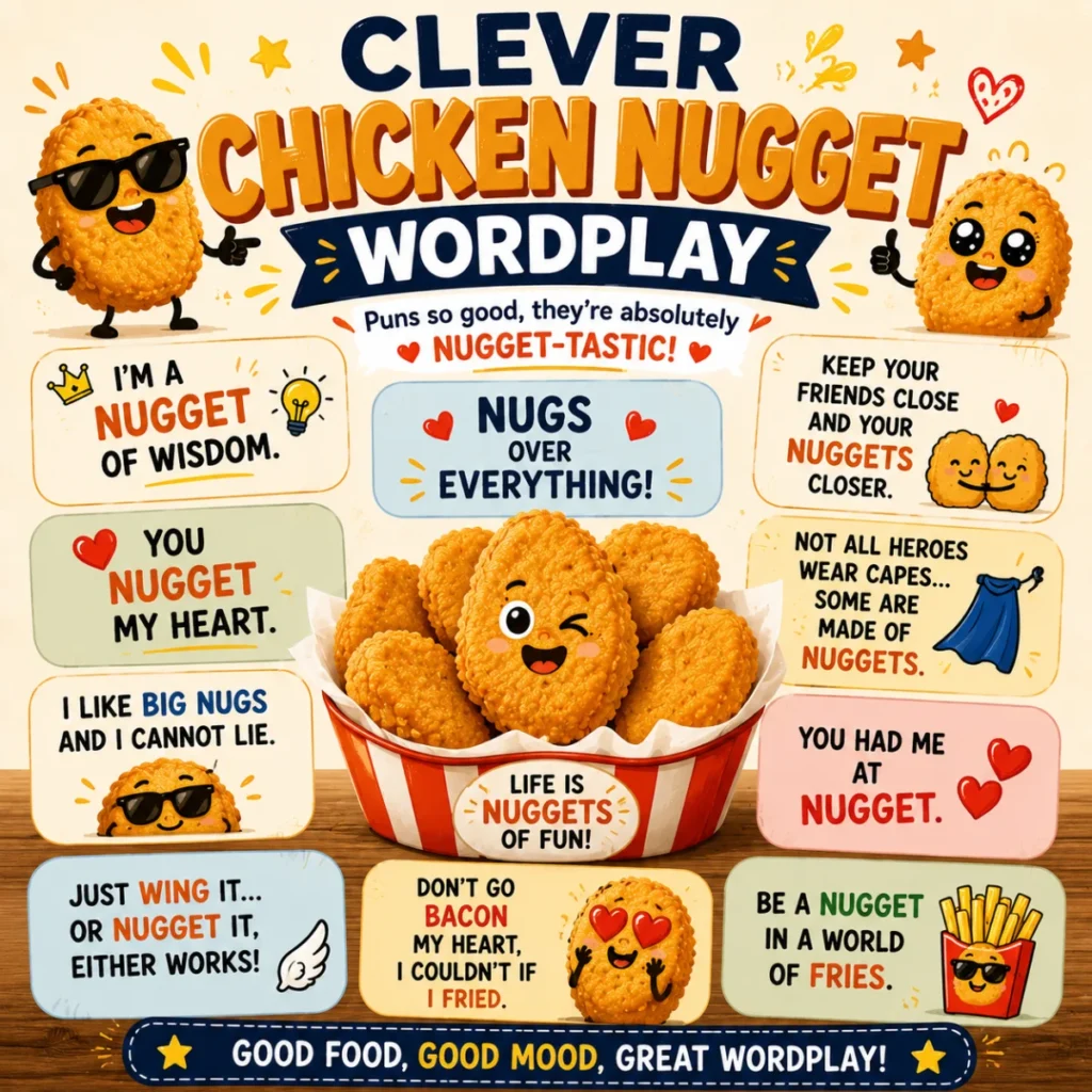 Colorful 1200×1200 illustration of quick-fire chicken nugget jokes featuring smiling cartoon nuggets, crispy golden bites, dipping sauces, and bold comic-style text.