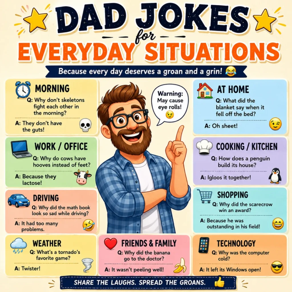 A cheerful father making his family laugh with funny dad jokes in a bright, playful setting.