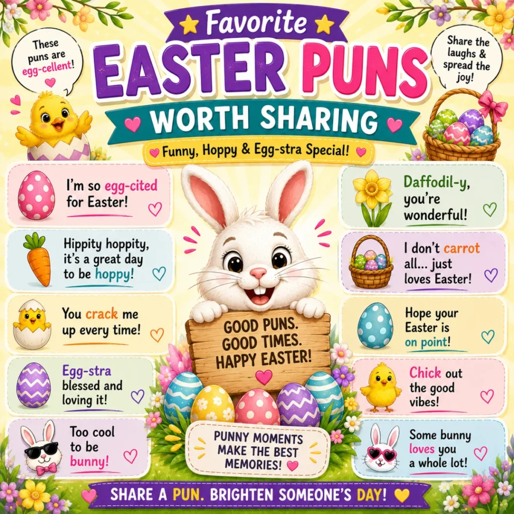 Cute Easter bunny holding a basket of colorful Easter eggs with funny Easter puns, spring flowers, and festive decorations in a cheerful Easter illustration.