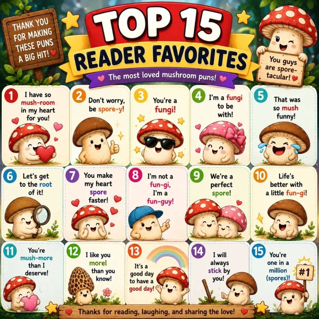 Vibrant 1200×1200 illustration featuring the Top 15 Reader Favorite Mushroom Puns with happy cartoon mushrooms, woodland trees, colorful stars, comic speech bubbles, and playful typography.