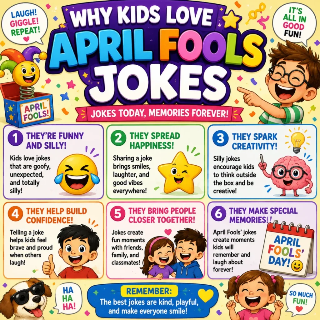 Colorful 1200×1200 infographic featuring smiling children, balloons, confetti, playful prank icons, and cheerful illustrations explaining why kids love April Fools' jokes and family-friendly laughter.
