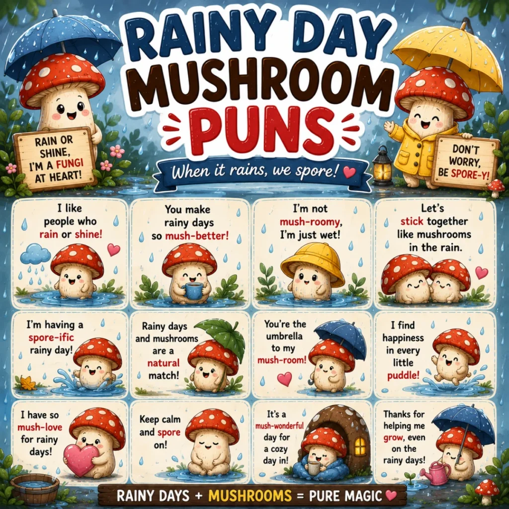 Colorful 1200×1200 feature image showcasing the Top 15 Reader Favorite Mushroom Puns with smiling cartoon mushrooms, whimsical forest backgrounds, playful comic lettering, and cheerful woodland decorations.