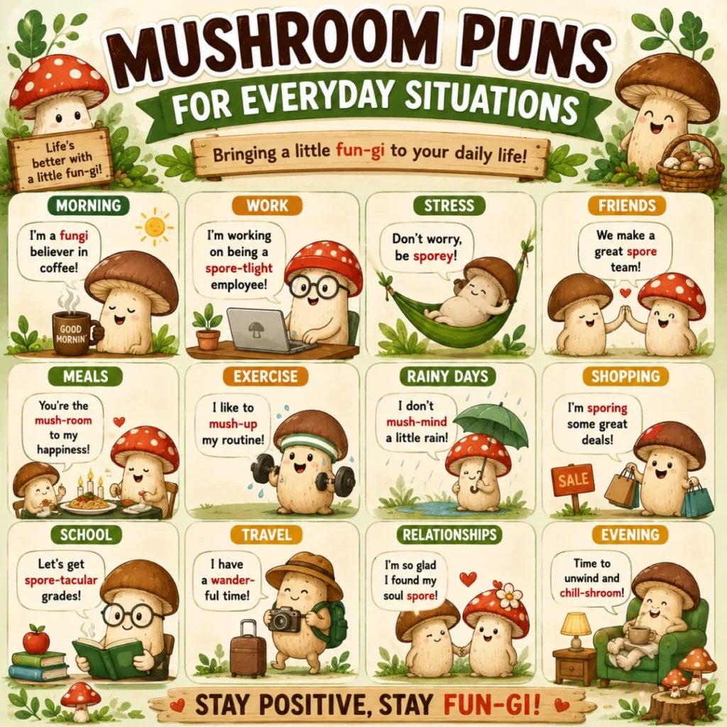 Cute 1200×1200 graphic highlighting the Top 15 Reader Favorites from a mushroom puns collection, featuring happy cartoon mushrooms, woodland elements, stars, and bold playful typography.