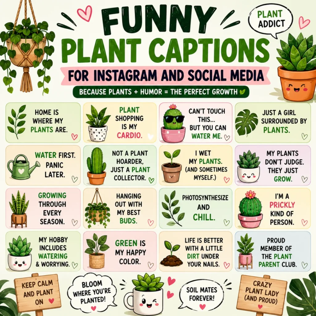 : Colorful 1200×1200 graphic showcasing funny plant puns for birthdays and celebrations with smiling potted plants, blooming flowers, festive balloons, confetti, and playful birthday-themed illustrations.