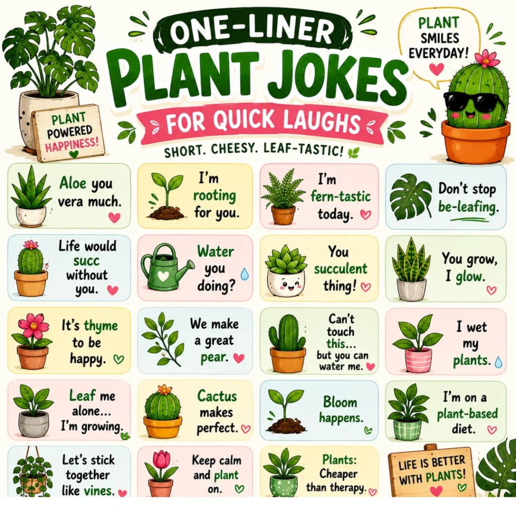 Cheerful 1200×1200 illustration featuring birthday-themed plant puns with adorable succulents, flowering plants, colorful balloons, confetti, gift boxes, and festive garden-inspired decorations.