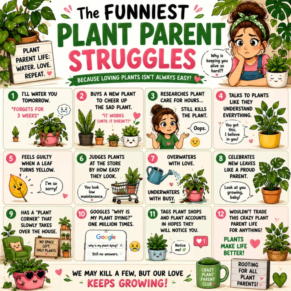 Festive 1200×1200 artwork featuring funny plant puns for birthdays with happy potted plants, blooming flowers, balloons, confetti, birthday gifts, and colorful celebration decorations.