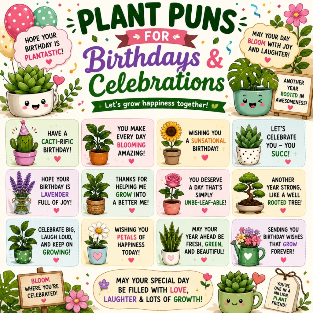 Vibrant 1200×1200 illustration of funny plant puns for birthdays and celebrations featuring smiling houseplants, blooming flowers, cacti, balloons, confetti, birthday cake, and festive party decorations.