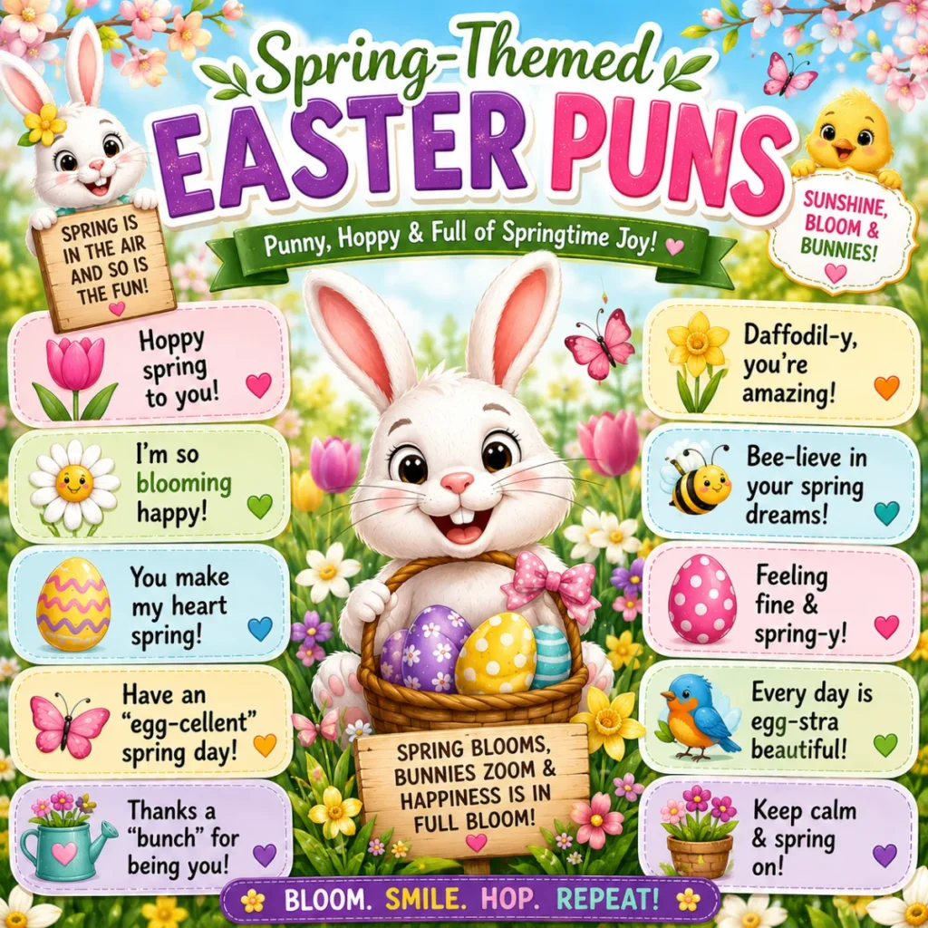 Adorable Easter bunny with colorful Easter eggs and funny Easter puns for Instagram captions in a bright spring-themed illustration.