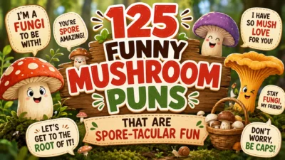 Colorful 1200×1200 illustration featuring the top 15 reader favorite mushroom puns with smiling cartoon mushrooms, forest scenery, playful typography, and fun comic-style graphics.