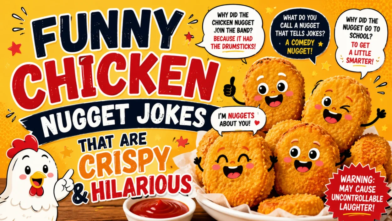 Colorful 1200×1200 illustration featuring quick-fire chicken nugget jokes with smiling cartoon nuggets, crispy snack graphics, comic speech bubbles, and playful typography.