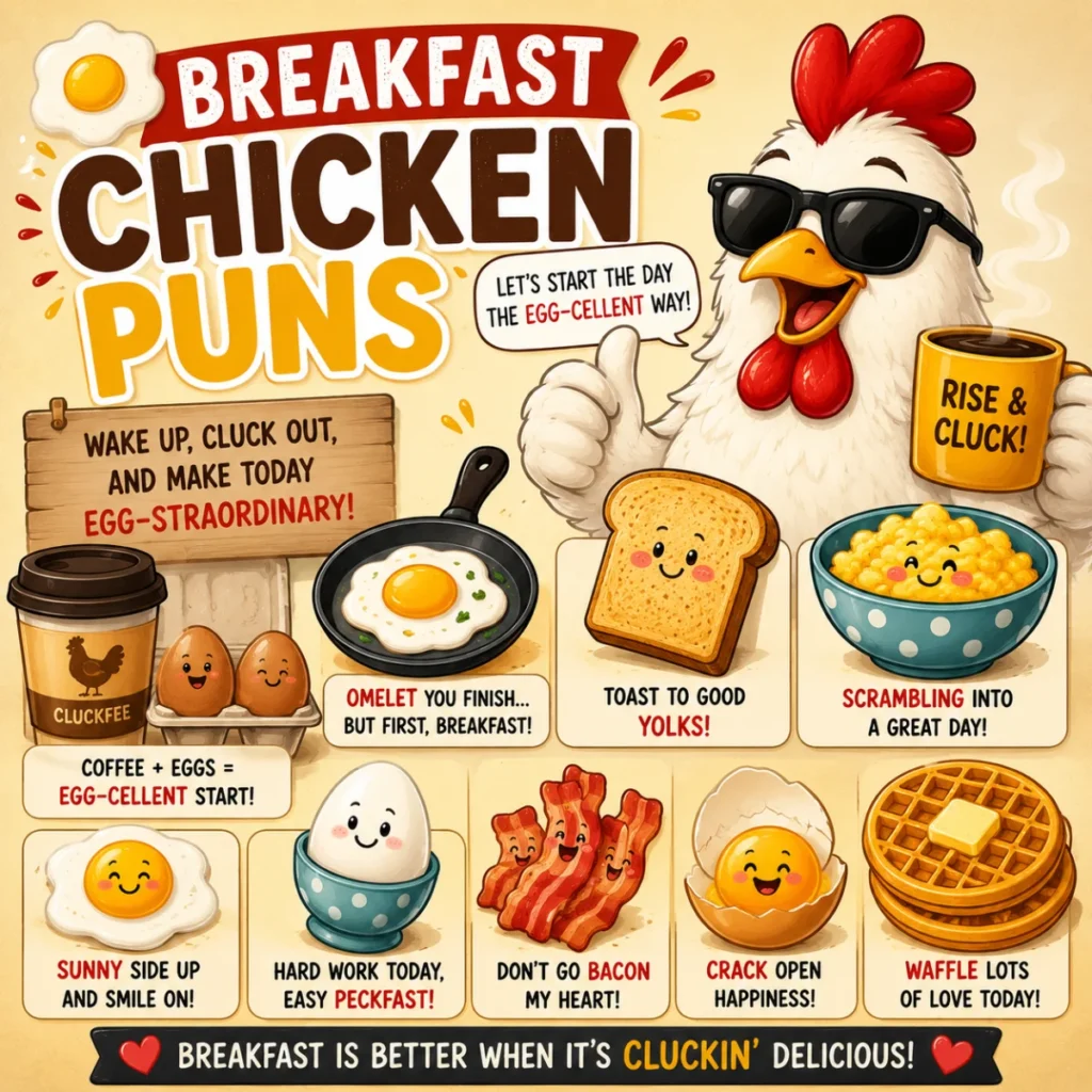 Playful widescreen illustration of a sunglasses-wearing rooster and happy hens surrounding bold lettering for a chicken puns article.