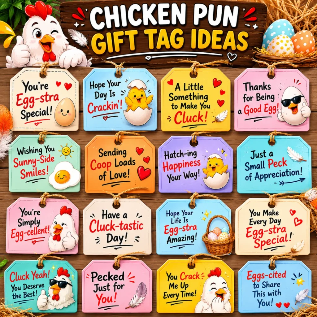 Colorful 16:9 cartoon banner featuring a cool rooster in sunglasses, cheerful hens, eggs, and bold text promoting a collection of 150+ chicken puns.