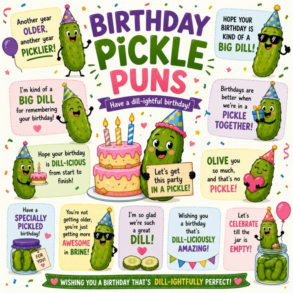 Vibrant 1920×1080 cartoon banner featuring funny pickle puns with cheerful pickle mascots, pickle jars, dill herbs, playful comic speech bubbles, and bold green typography in a lively food-themed design.
