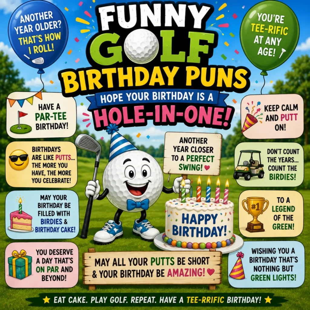 Vibrant 1200×1200 cartoon illustration of golfers chatting on a scenic golf course with smiling golf balls, colorful speech bubbles, golf clubs, flags, trophies, and witty golf-themed conversation starters.