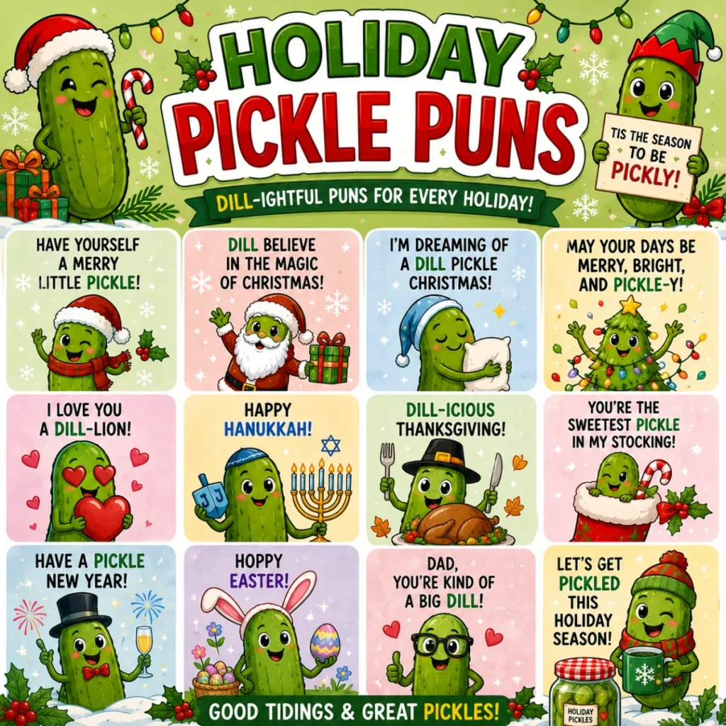 Cheerful 1920×1080 illustration of funny pickle puns featuring cartoon pickles wearing sunglasses, pickle jars, fresh dill, playful speech bubbles, and bright comic-style graphics on a vibrant green background.