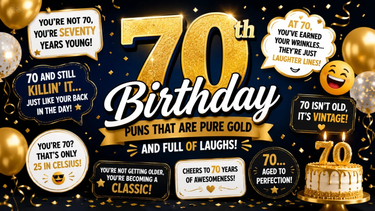 Colorful square infographic featuring share-worthy and office-friendly 70th birthday puns with festive balloons, confetti, and cheerful workplace-themed illustrations celebrating turning 70.