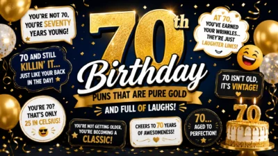 Colorful square infographic featuring share-worthy and office-friendly 70th birthday puns with festive balloons, confetti, and cheerful workplace-themed illustrations celebrating turning 70.