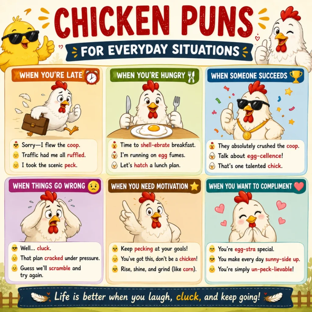 Vibrant 1920×1080 banner with a smiling rooster in sunglasses, laughing hens, and bold text advertising a collection of over 150 chicken puns.