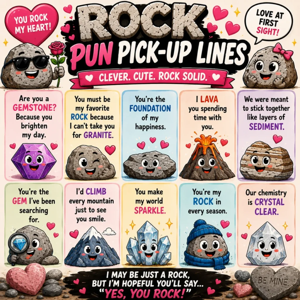 A cheerful 1200×1200 illustration with cute cartoon rocks, colorful gemstones, hearts, and funny rock pun pick-up lines in a playful, love-themed design.