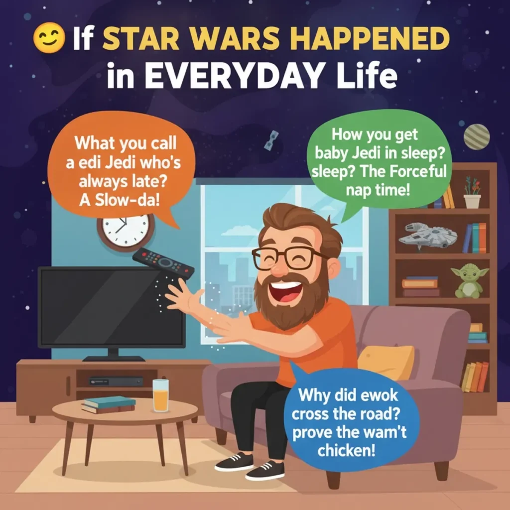 Eye-catching square illustration featuring a smartphone with funny Star Wars-inspired jokes, surrounded by cartoon spaceships, planets, stars, glowing laser swords, and playful sci-fi elements in a colorful galaxy.