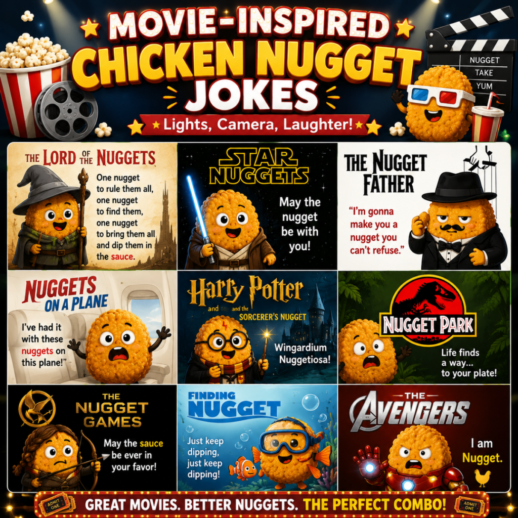 Fun 1200×1200 graphic featuring quick-fire chicken nugget jokes with happy cartoon chicken nuggets, crispy snack illustrations, dipping sauce, and playful comic-style lettering.