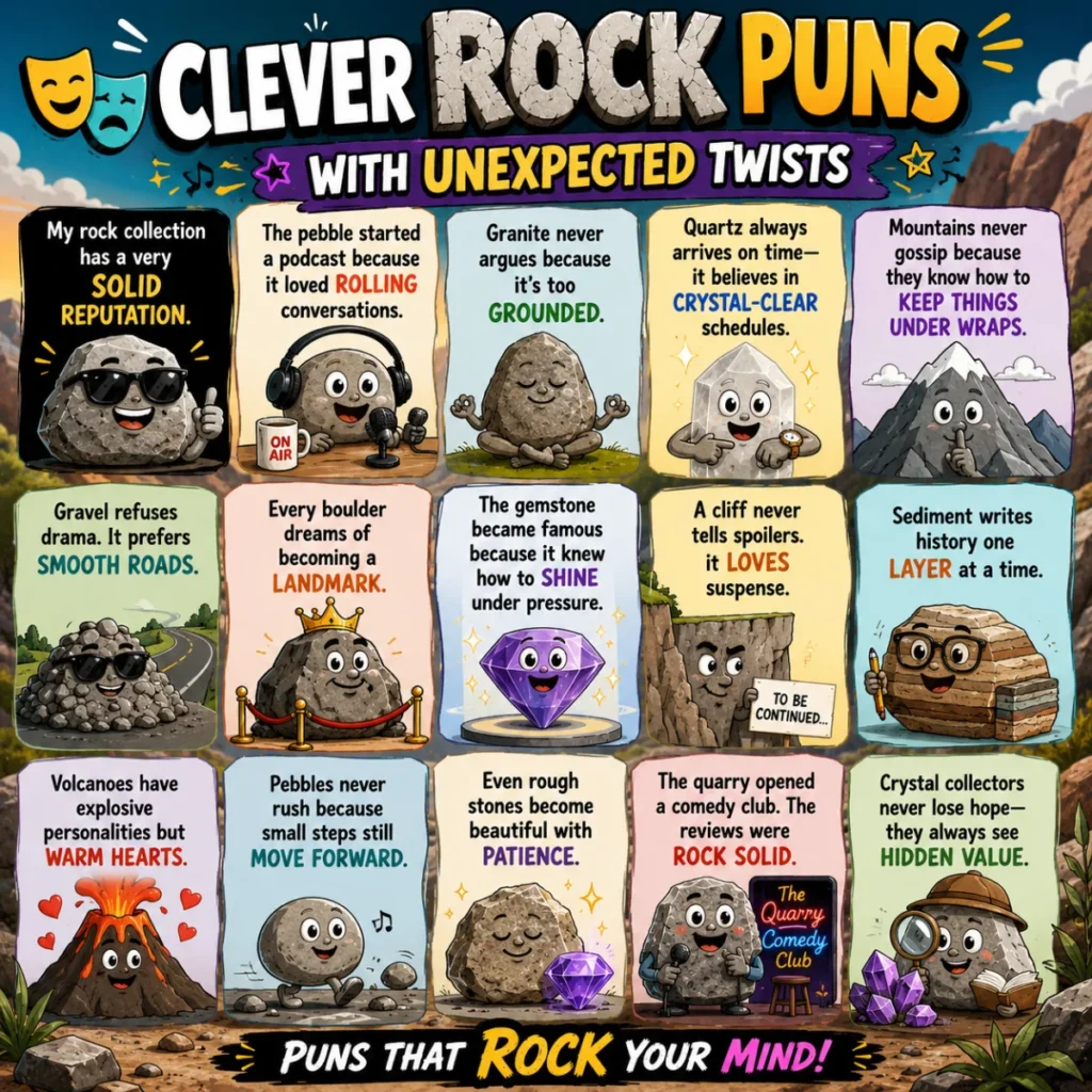 Square illustration of smiling cartoon rocks and colorful gemstones with romantic rock pun pick-up lines, hearts, and playful love-themed graphics on a bright background.