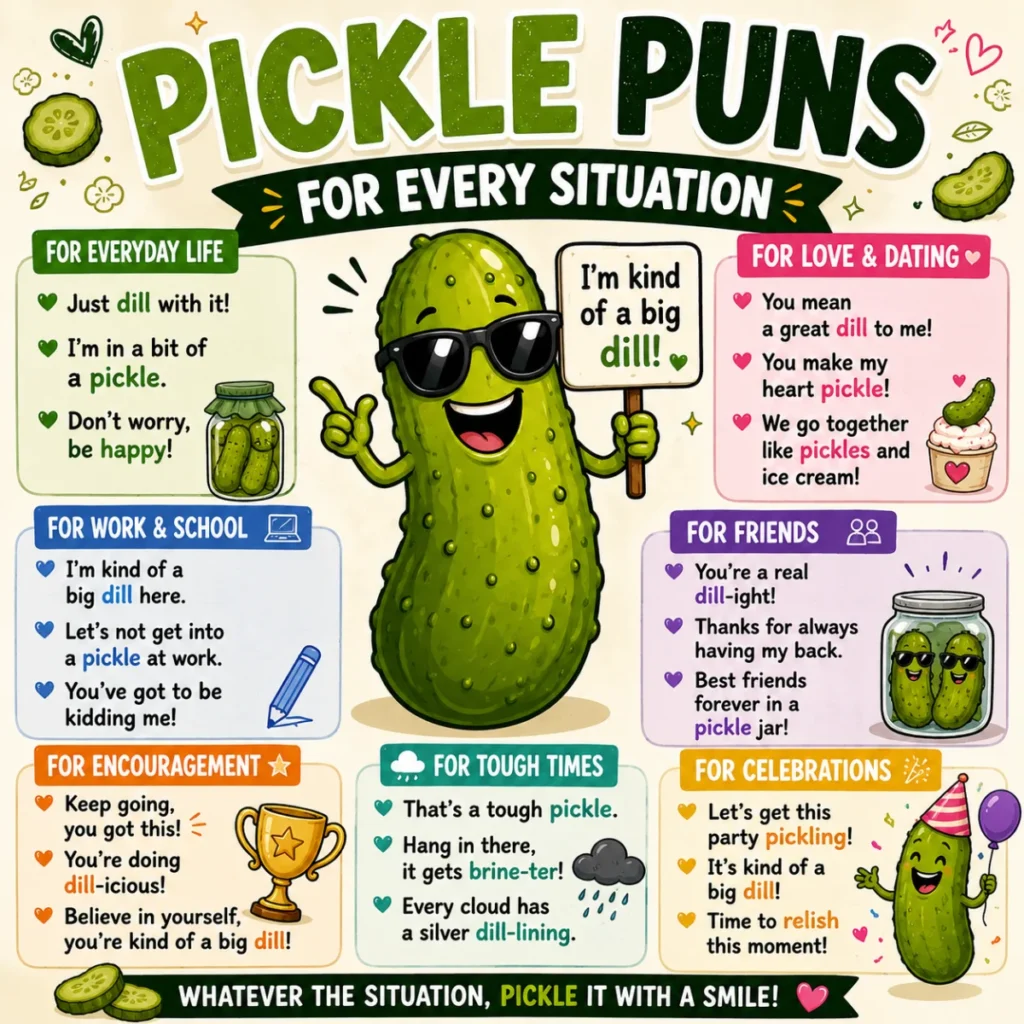 Colorful 1920×1080 cartoon banner with smiling pickle characters, pickle jars, fresh dill leaves, comic-style speech bubbles, and playful food-themed graphics celebrating funny pickle puns.