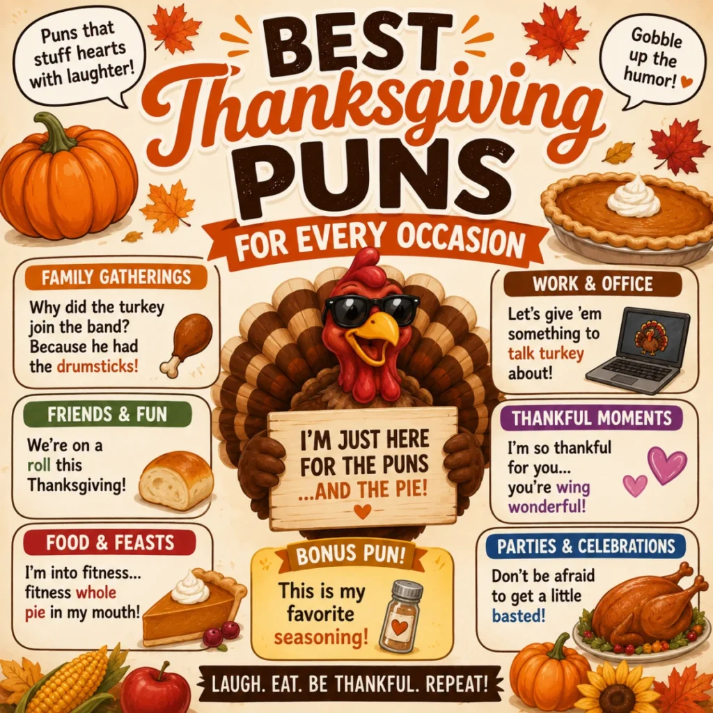 Colorful Thanksgiving graphic with a happy cartoon turkey, pumpkins, pumpkin pie, fall leaves, and festive Thanksgiving puns designed for family gatherings, Friendsgiving, holiday dinners, and seasonal celebrations.