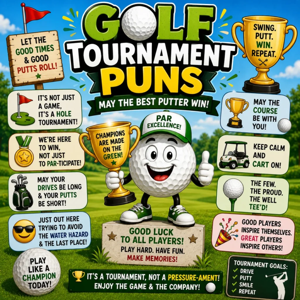 Cheerful 1200×1200 illustration of golfers enjoying funny conversations on a golf course with smiling golf balls, speech bubbles, golf flags, clubs, and humorous golf puns in a colorful cartoon style.