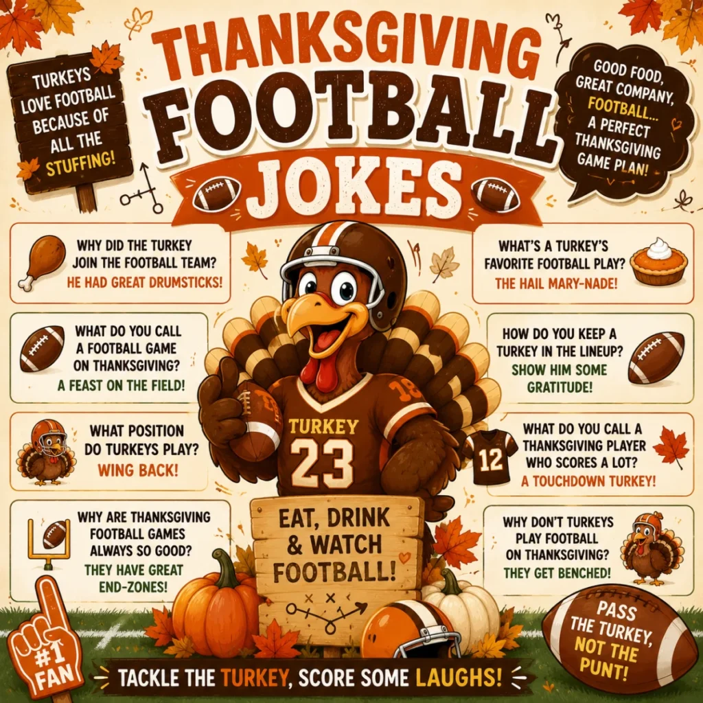 Cheerful 1200×1200 graphic of Thanksgiving dad joke conversation starters featuring a smiling turkey, speech bubbles, pumpkins, pie, colorful autumn leaves, and festive family-friendly decorations.