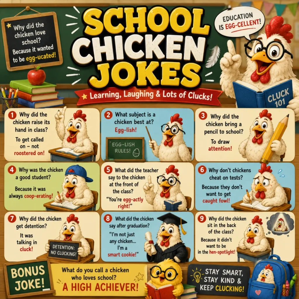 Vibrant 1200×1200 artwork featuring adorable cartoon chickens laughing together with comic speech bubbles, social media icons, heart reactions, and cheerful farm scenery designed for shareable chicken jokes.