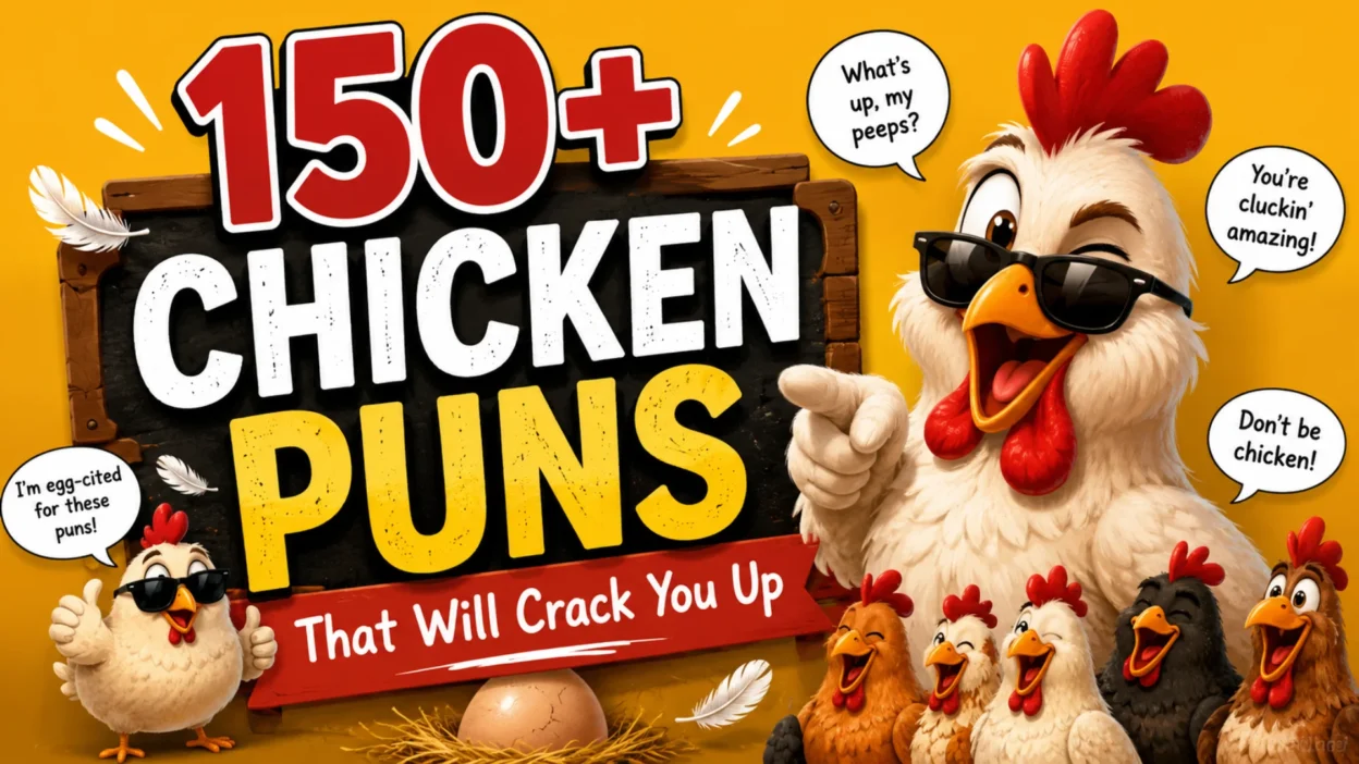 Bright 16:9 cartoon banner featuring a cool sunglasses-wearing rooster and cheerful hens around bold text promoting “150+ Chicken Puns That Will Crack You Up.”