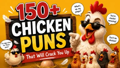 Bright 16:9 cartoon banner featuring a cool sunglasses-wearing rooster and cheerful hens around bold text promoting “150+ Chicken Puns That Will Crack You Up.”