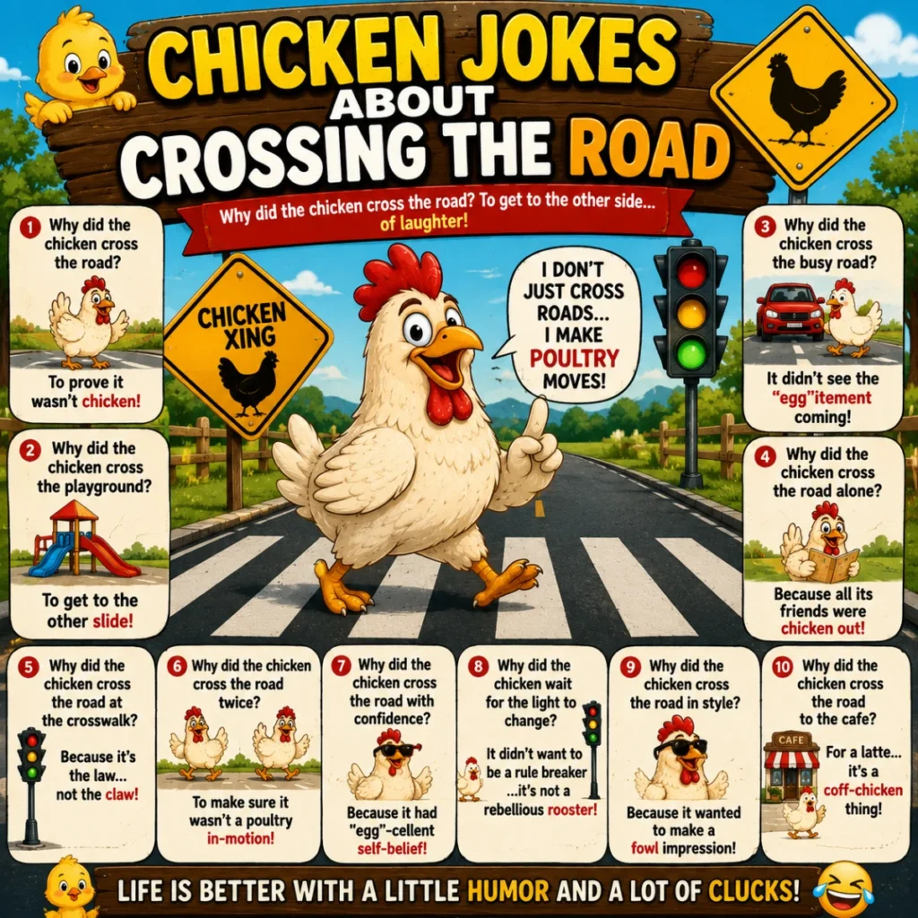 Playful 1200×1200 illustration of smiling cartoon chickens sharing hilarious jokes with colorful speech bubbles, laughing emojis, and social media icons in a bright farmyard scene.