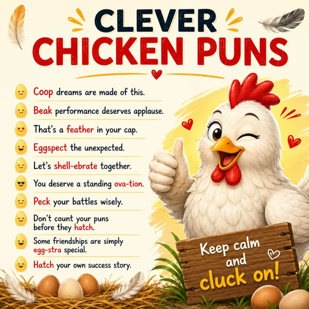 Cheerful cartoon chickens and a stylish rooster in sunglasses pose beside bold lettering for a humorous collection of chicken puns.