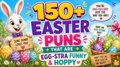 Cute Easter bunny surrounded by colorful Easter eggs, spring flowers, and funny Easter puns in a cheerful spring-themed illustration perfect for sharing on social media.